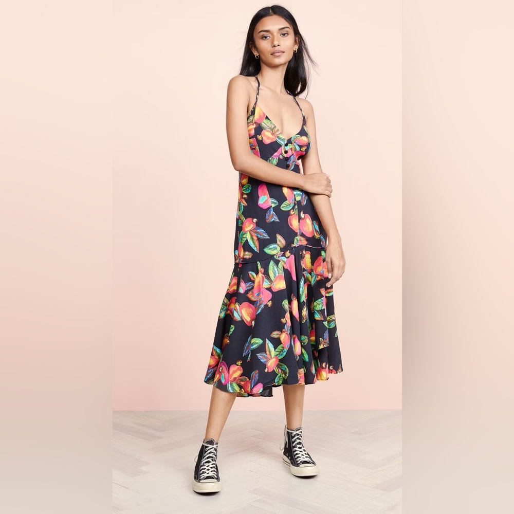 FARM Rio Black Midi Dress with Bright Floral Print